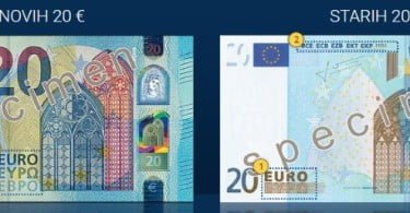 Bankovec za 20 EUR, nov in star - prva stran