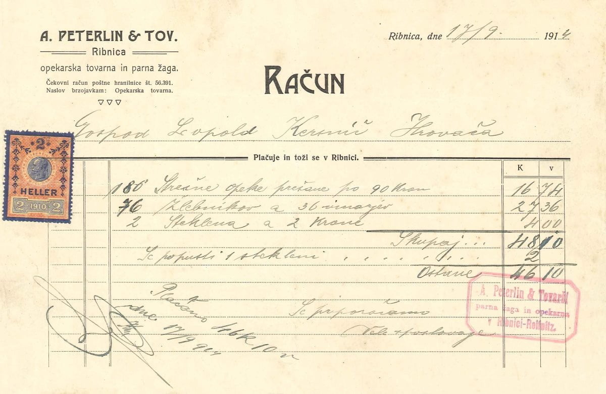 račun A.Peterlin&tov. Ribnica, 17.9.1914