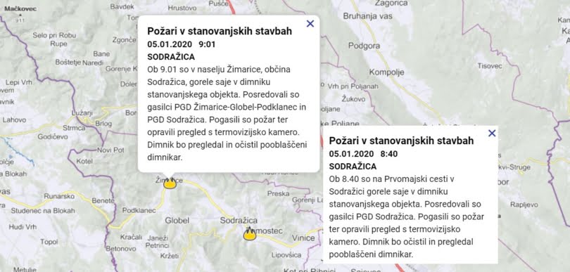 V Sodražici in Žimaricah gorele saje v dimniku, 5.1.2020