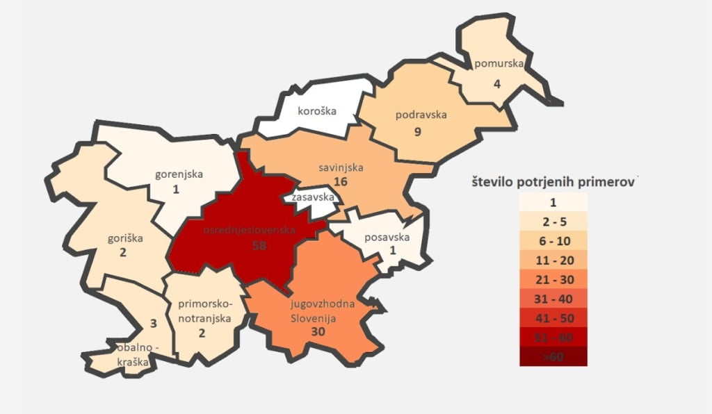 Število potrjenih primerov COVID -19, 13.3.2020